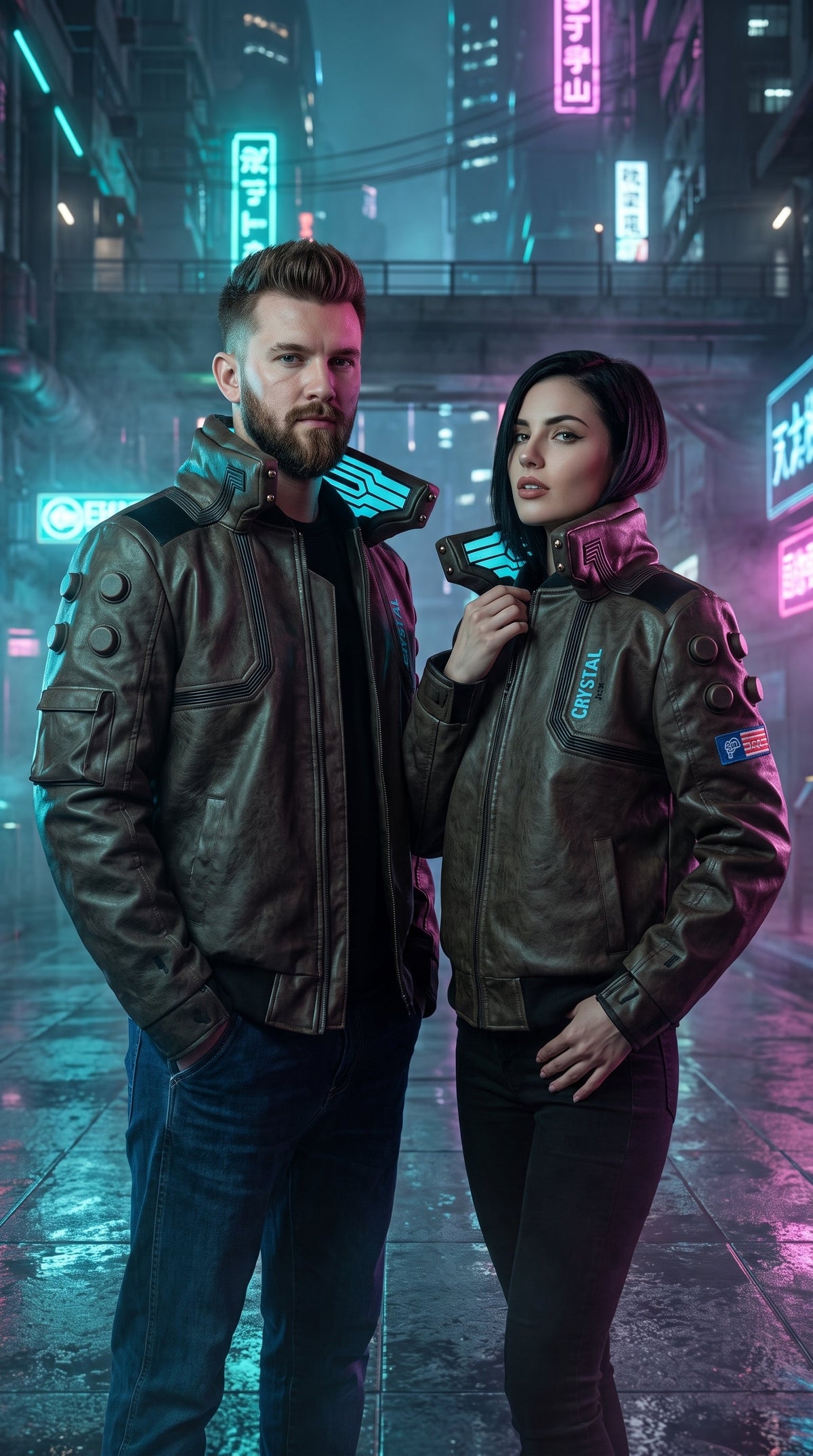 Samurai V Inspired Leather Bomber Jacket | LED Collar Cyberpunk Jacket | Men's Futuristic Techwear Cosplay