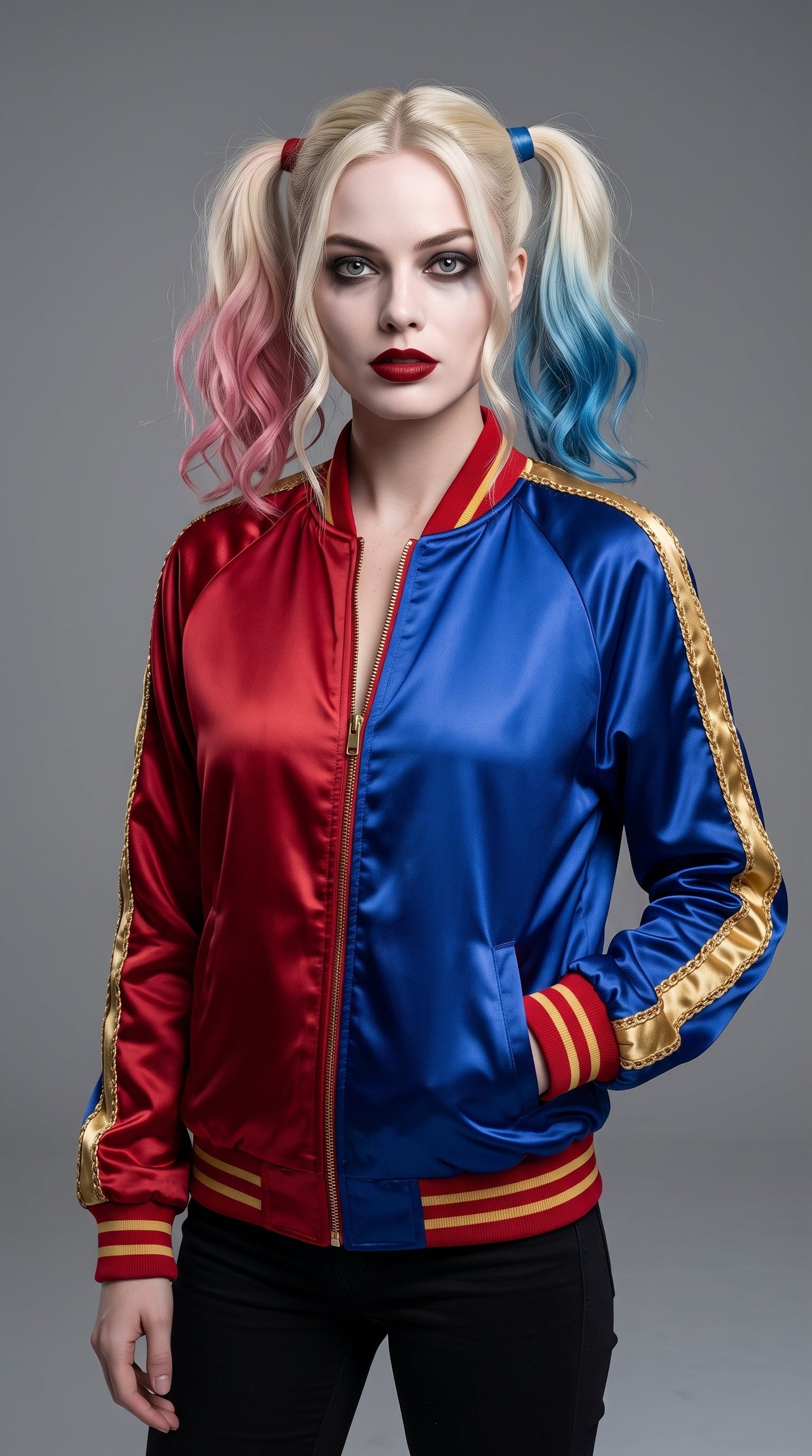 Harley Quinn Inspired Satin Bomber Jacket | Property of Joker Cosplay Jacket | Red Black Halloween Costume