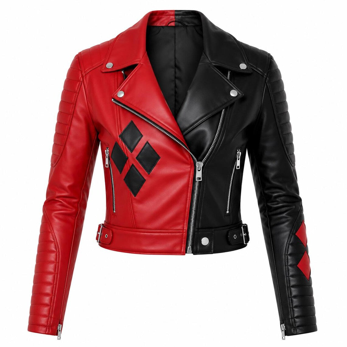 Women's Harley Quinn Inspired Leather Jacket | Red Black Cosplay Biker Jacket | Halloween Costume