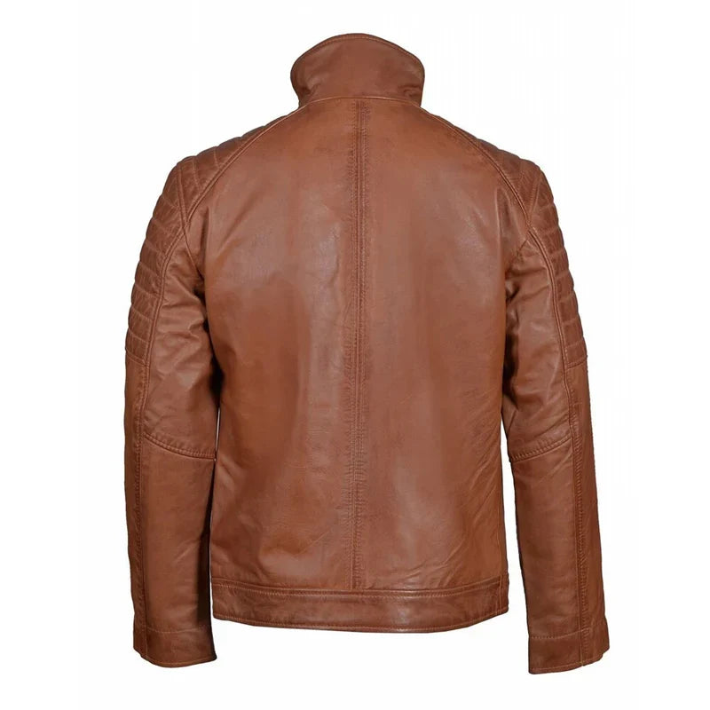 Jackora Men Stand Collar Quilted Shoulder Moto Genuine Leather Jacket