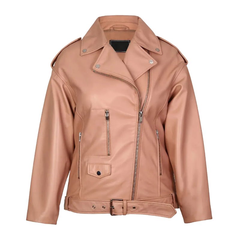 Jackora Women's Moto Leather Jacket Brown – 100% Genuine Cowhide, Stand Collar, Fitted