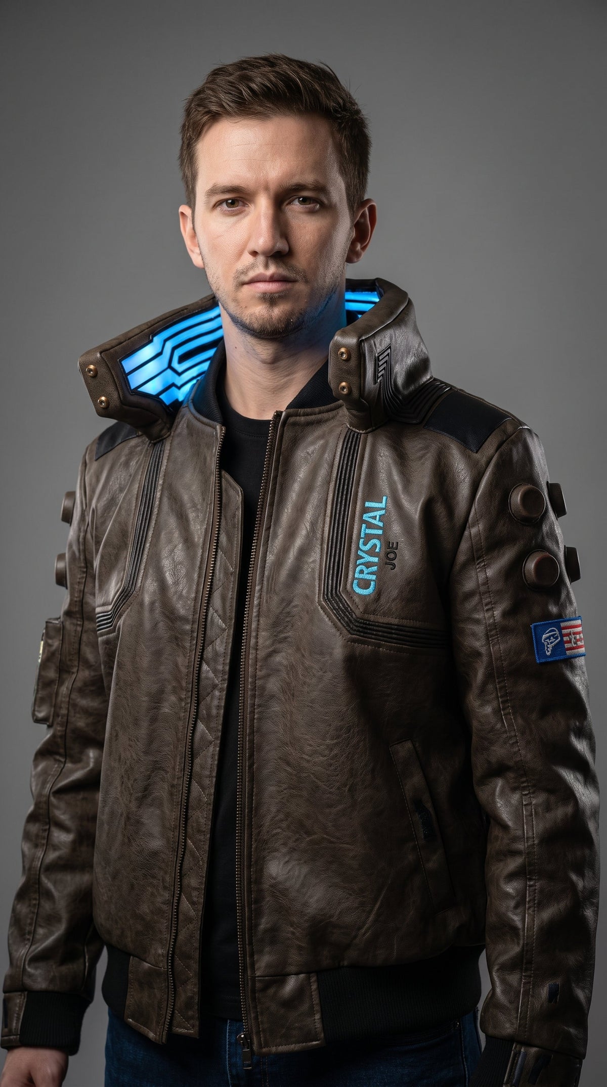 Samurai V Inspired Leather Bomber Jacket | LED Collar Cyberpunk Jacket | Men's Futuristic Techwear Cosplay
