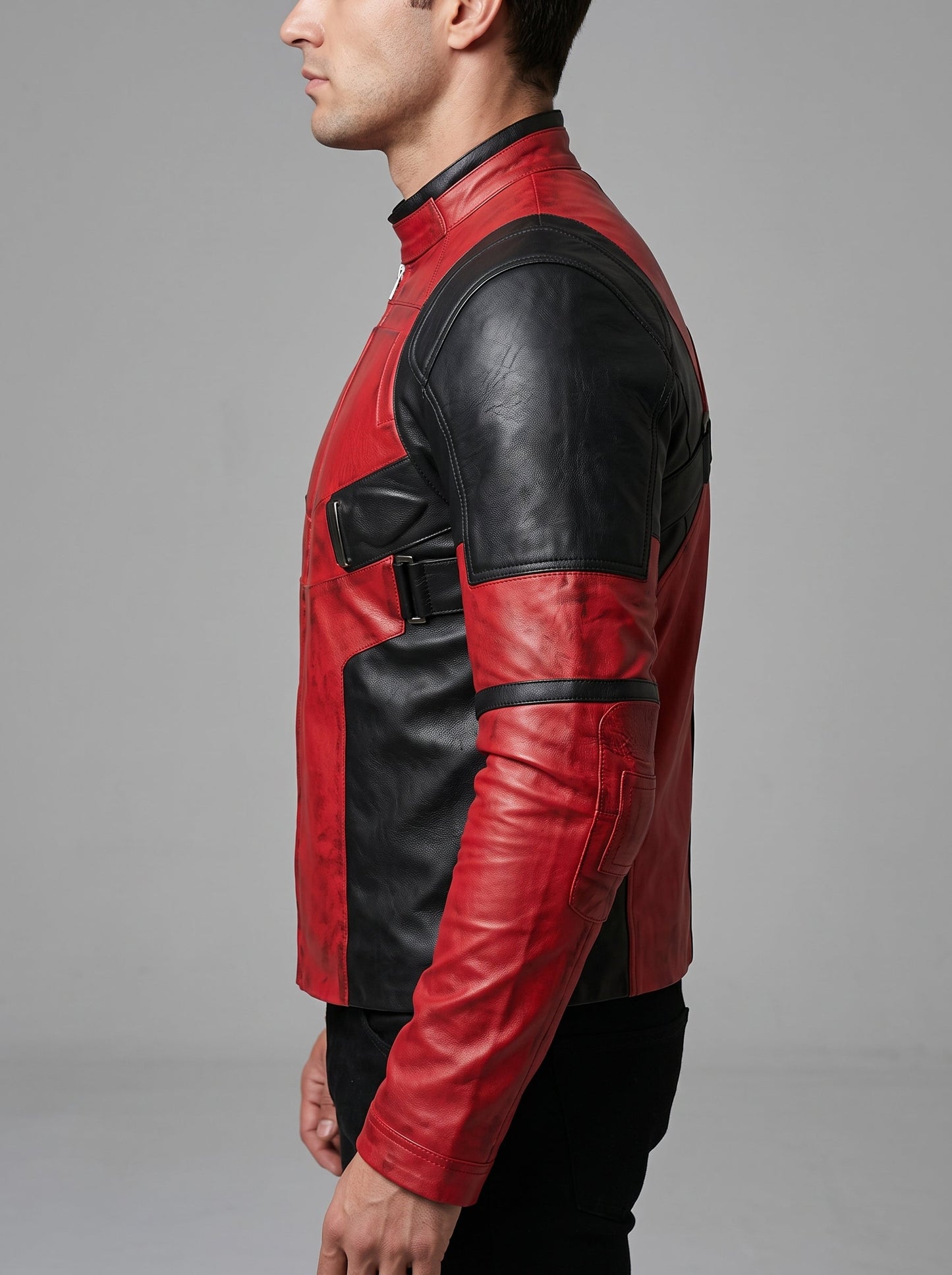 Men's Deadpool Inspired Leather Jacket | Red & Black Comic Style Biker Jacket | Cosplay Costume