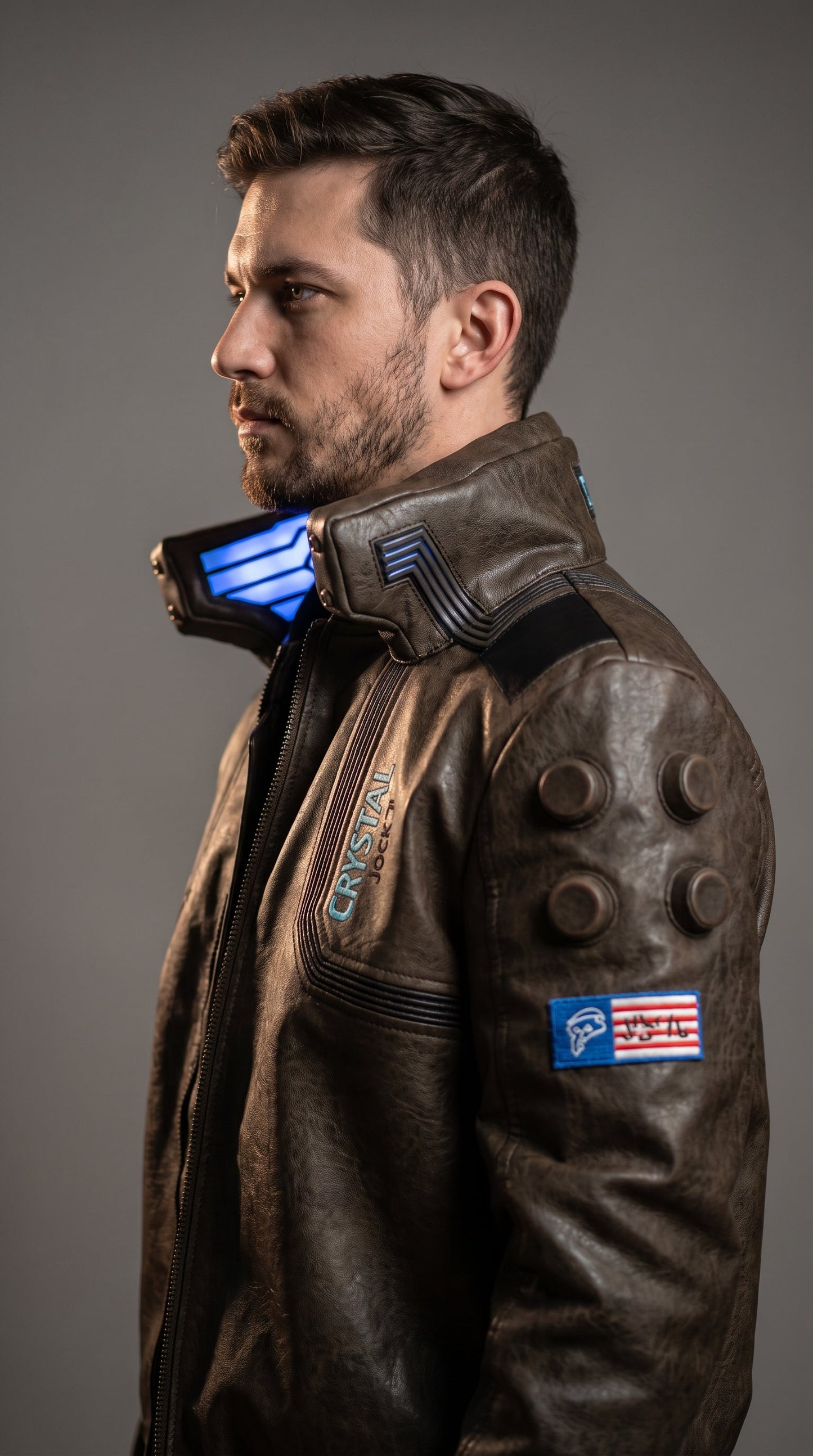 Samurai V Inspired Leather Bomber Jacket | LED Collar Cyberpunk Jacket | Men's Futuristic Techwear Cosplay