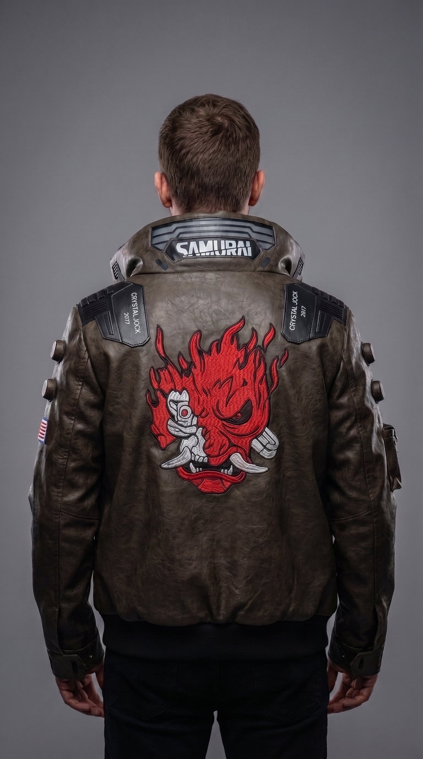 Samurai V Inspired Leather Bomber Jacket | LED Collar Cyberpunk Jacket | Men's Futuristic Techwear Cosplay