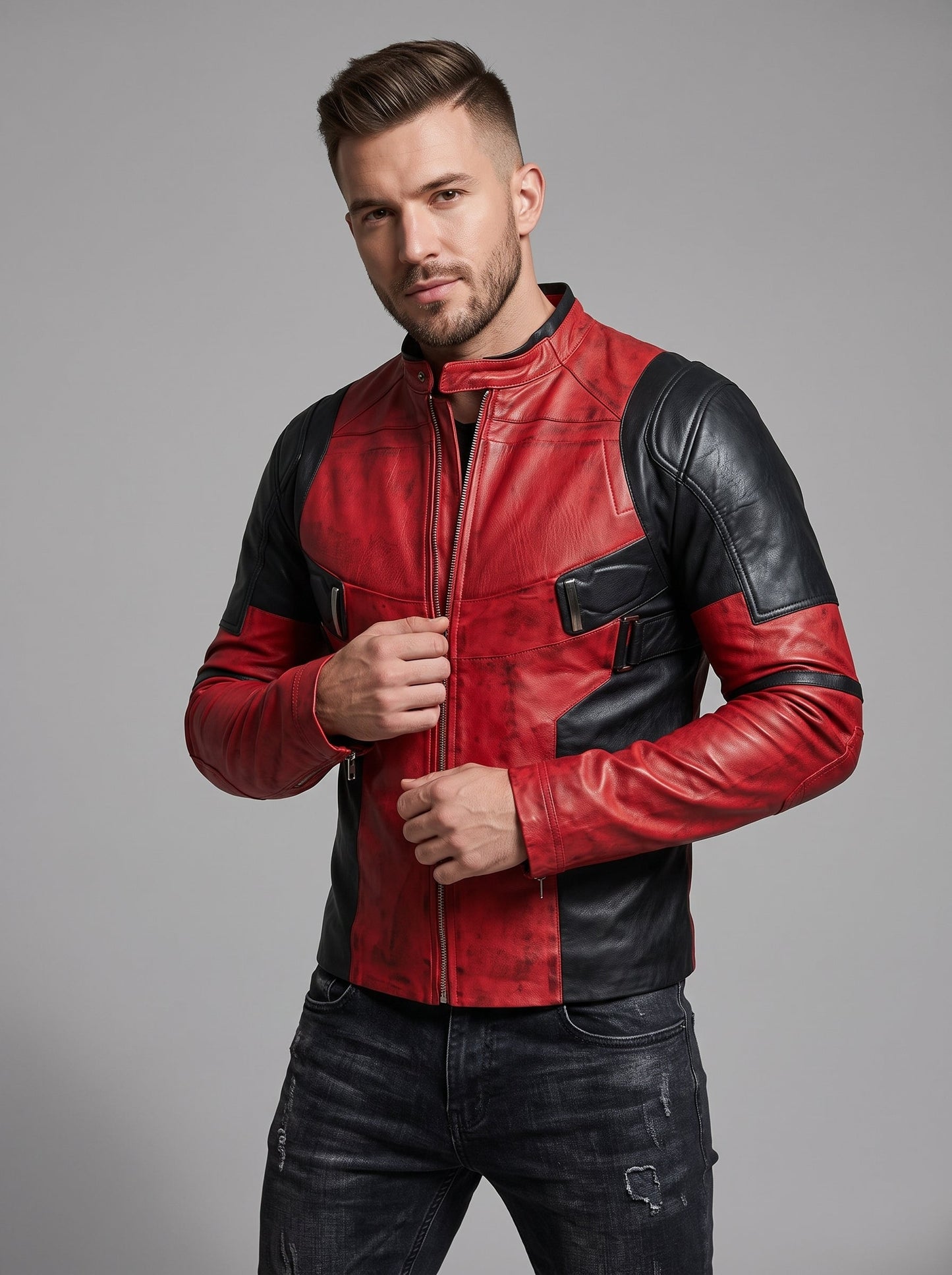 Men's Deadpool Inspired Leather Jacket | Red & Black Comic Style Biker Jacket | Cosplay Costume
