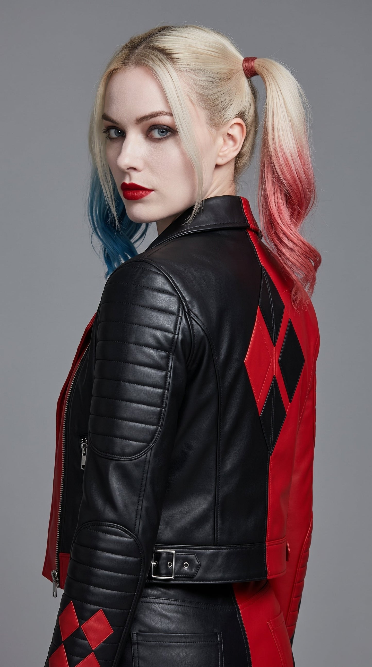 Women's Harley Quinn Inspired Leather Jacket | Red Black Cosplay Biker Jacket | Halloween Costume