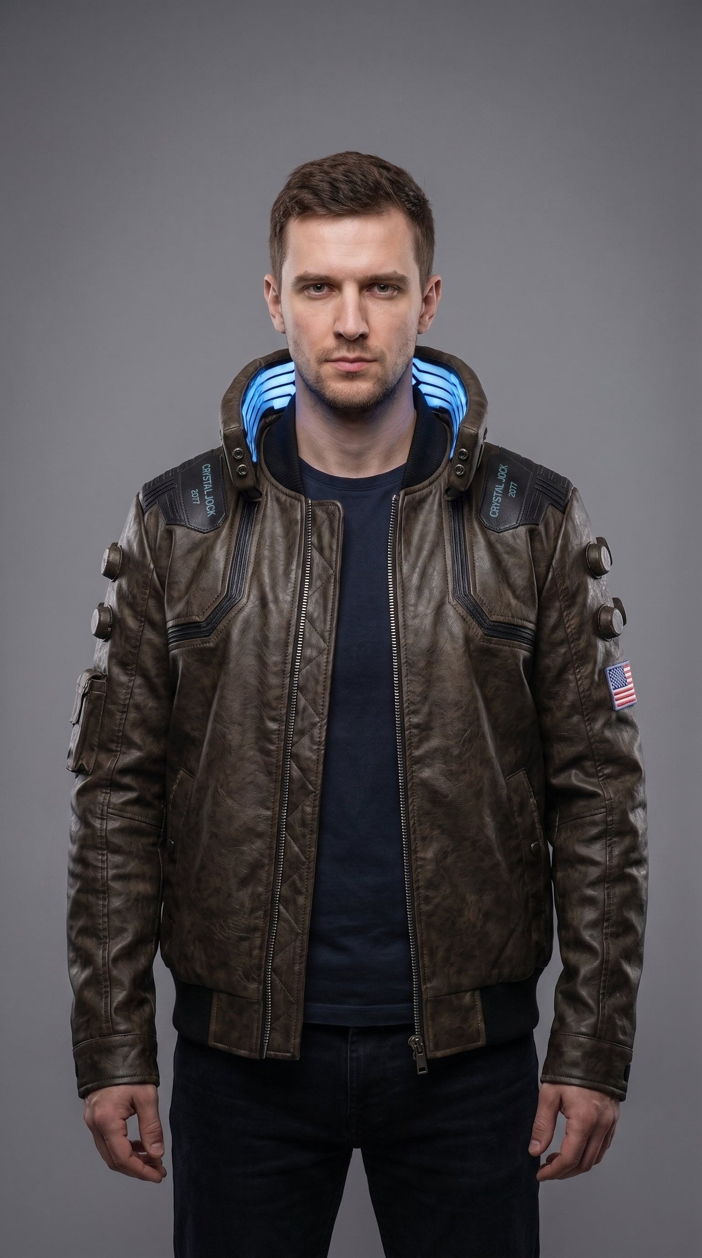 Samurai V Inspired Leather Bomber Jacket | LED Collar Cyberpunk Jacket | Men's Futuristic Techwear Cosplay