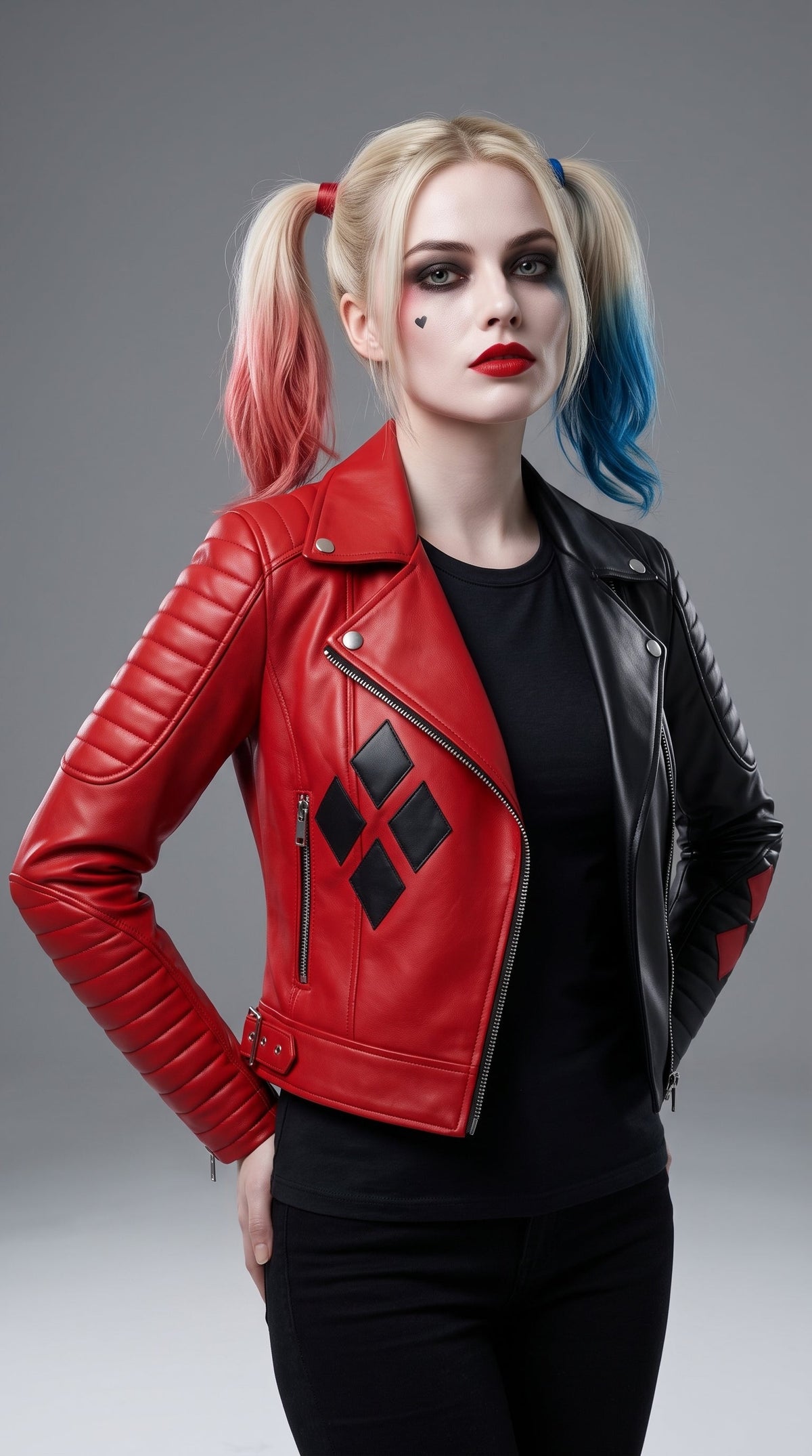 Women's Harley Quinn Inspired Leather Jacket | Red Black Cosplay Biker Jacket | Halloween Costume