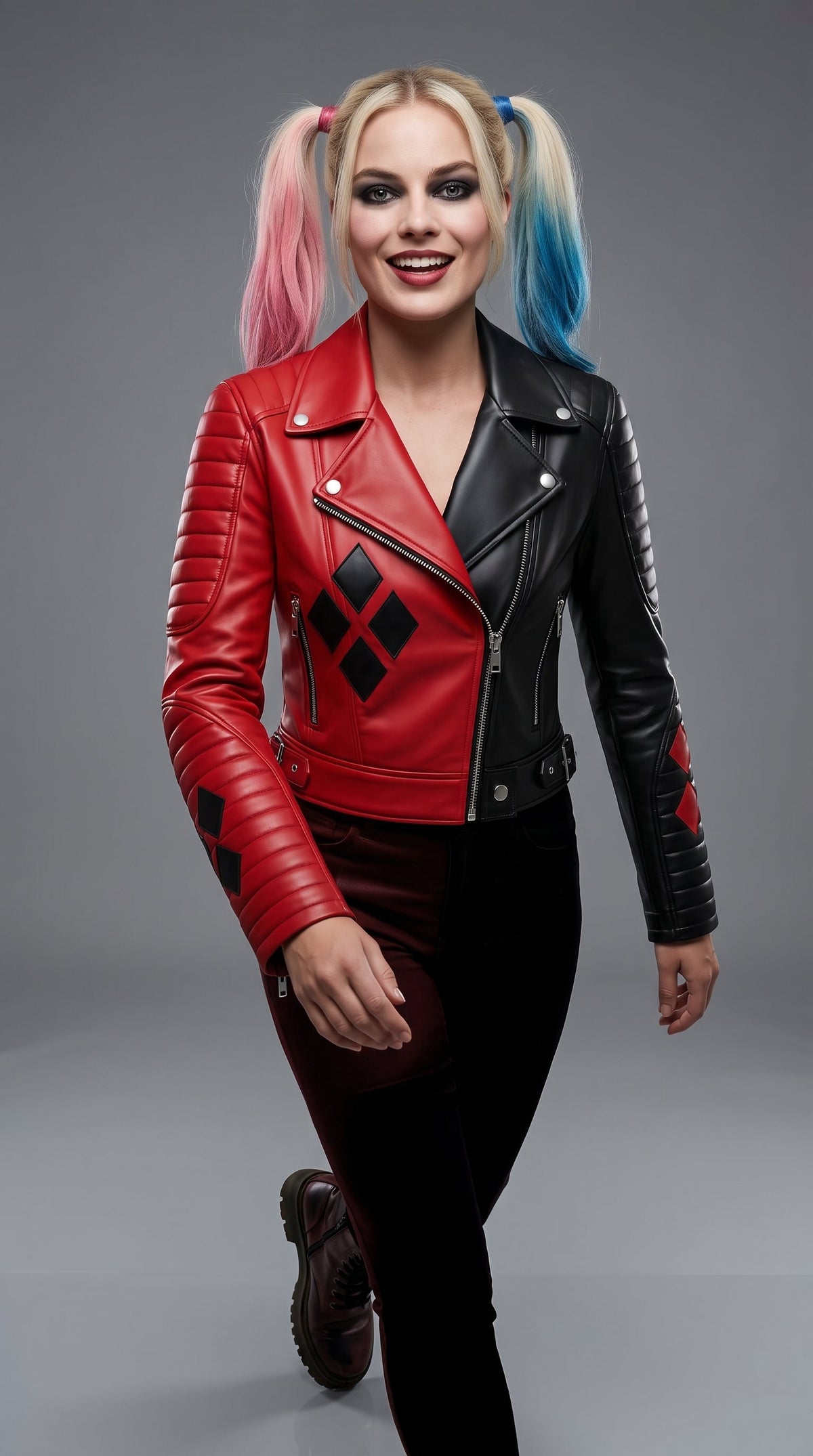 Women's Harley Quinn Inspired Leather Jacket | Red Black Cosplay Biker Jacket | Halloween Costume