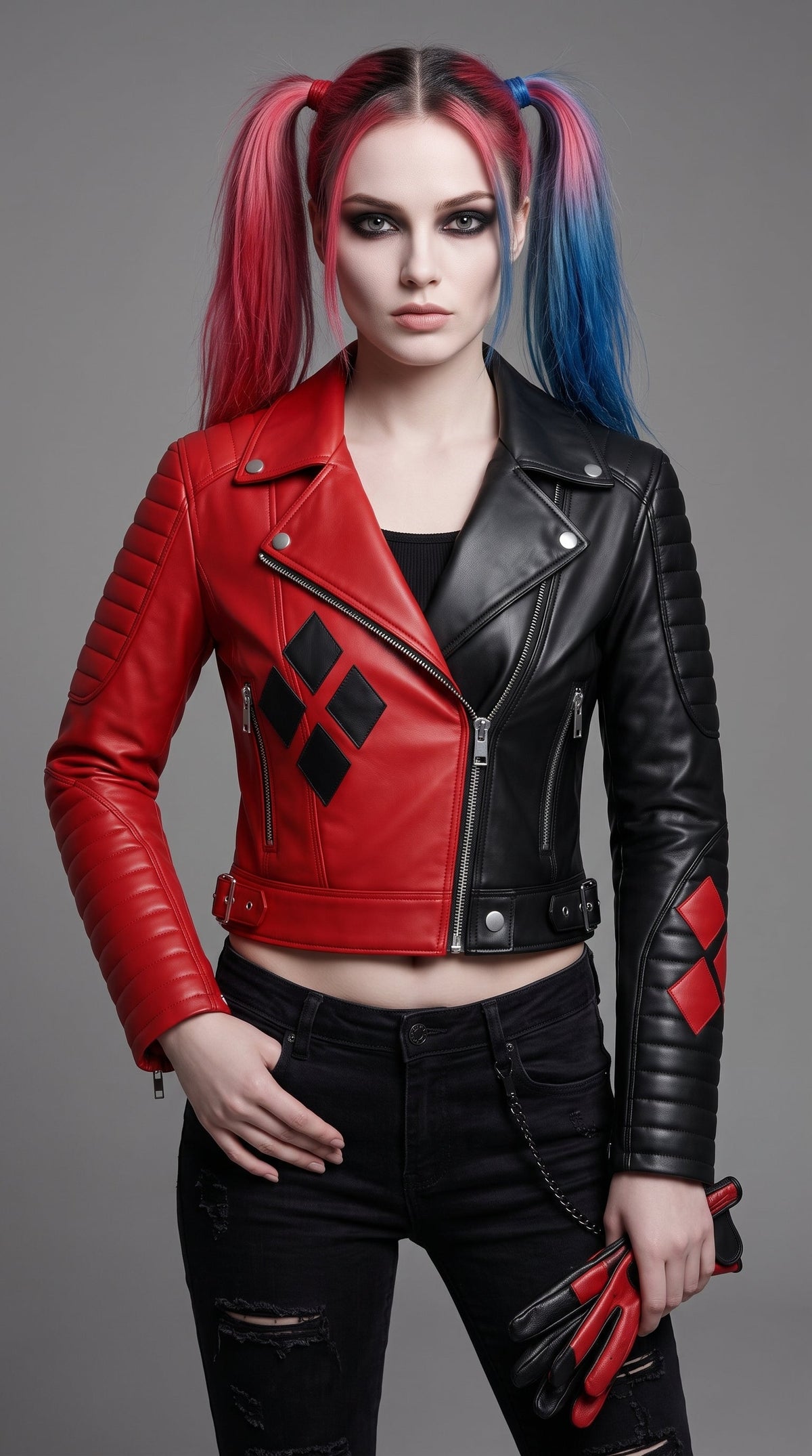 Women's Harley Quinn Inspired Leather Jacket | Red Black Cosplay Biker Jacket | Halloween Costume