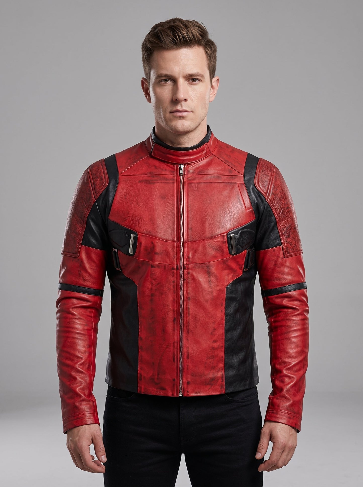 Men's Deadpool Inspired Leather Jacket | Red & Black Comic Style Biker Jacket | Cosplay Costume