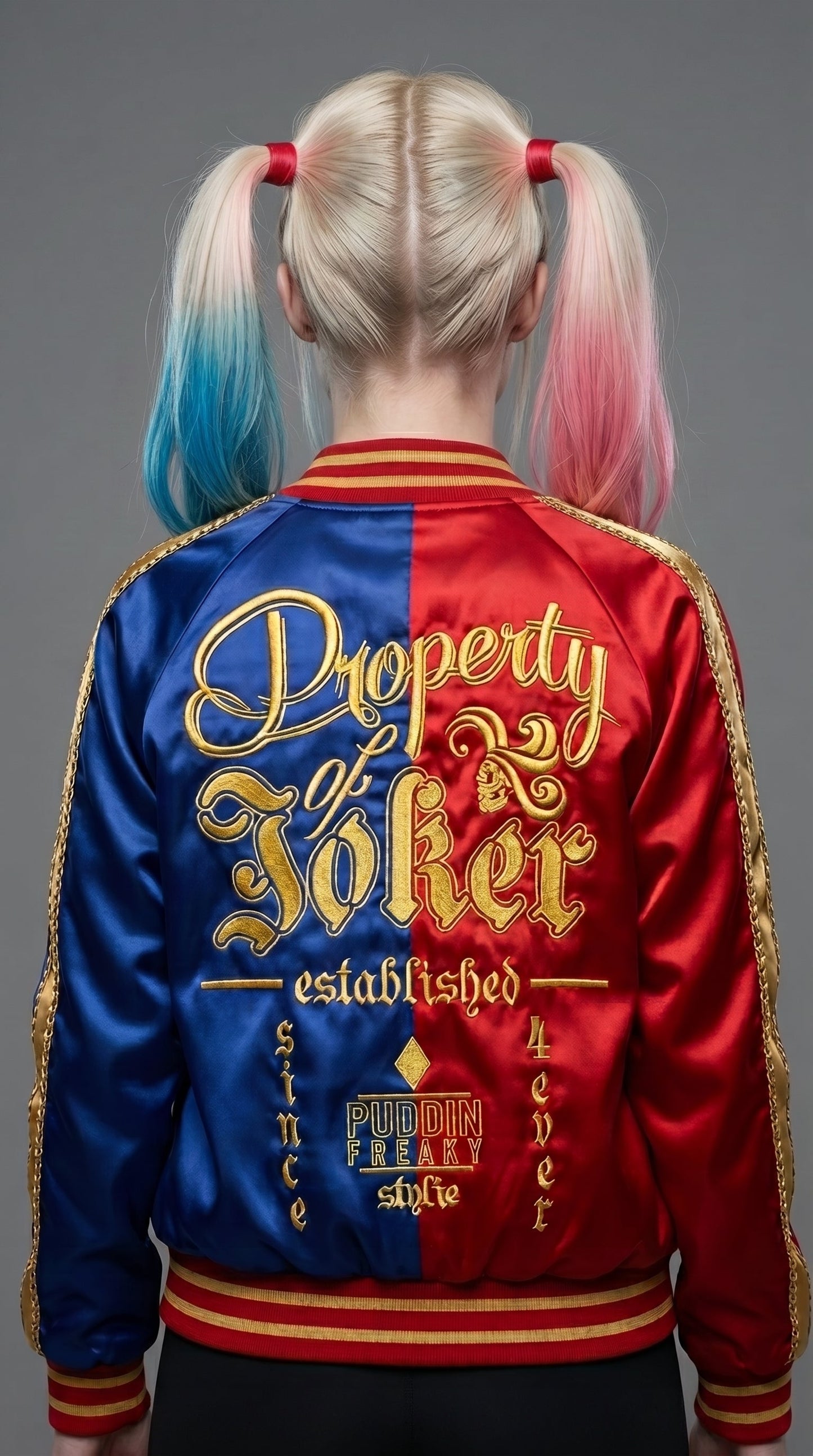 Harley Quinn Inspired Satin Bomber Jacket | Property of Joker Cosplay Jacket | Red Black Halloween Costume