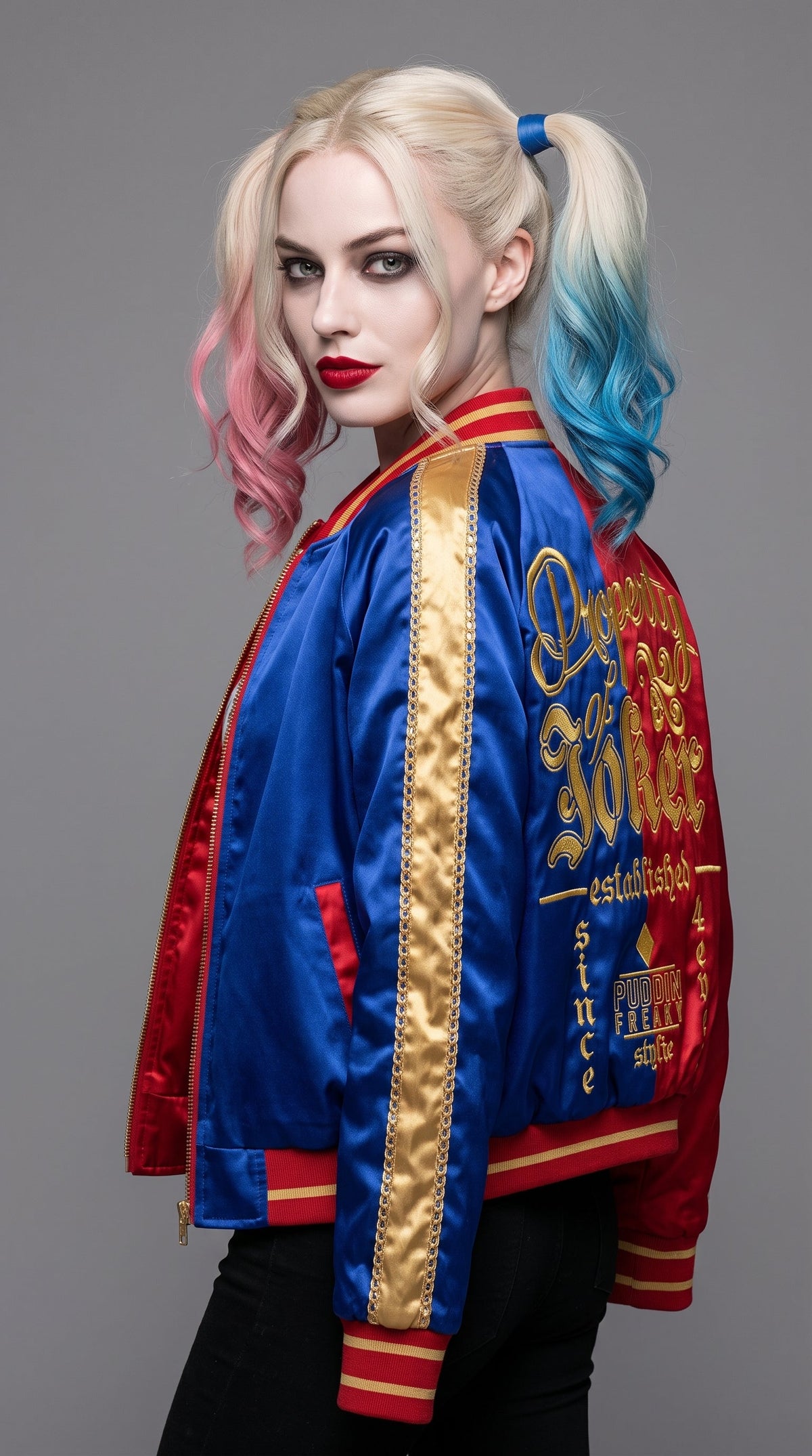 Harley Quinn Inspired Satin Bomber Jacket | Property of Joker Cosplay Jacket | Red Black Halloween Costume