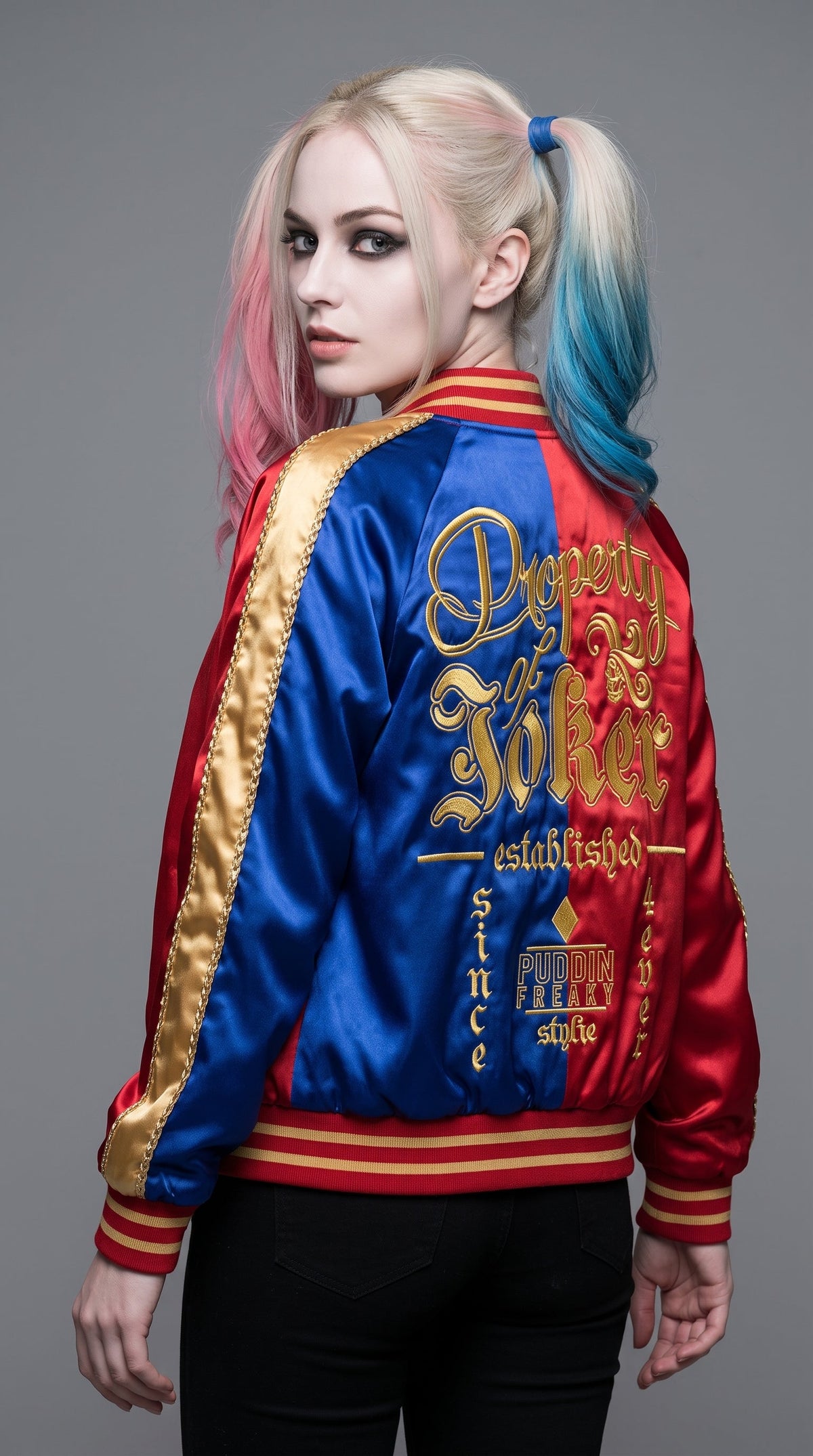 Harley Quinn Inspired Satin Bomber Jacket | Property of Joker Cosplay Jacket | Red Black Halloween Costume