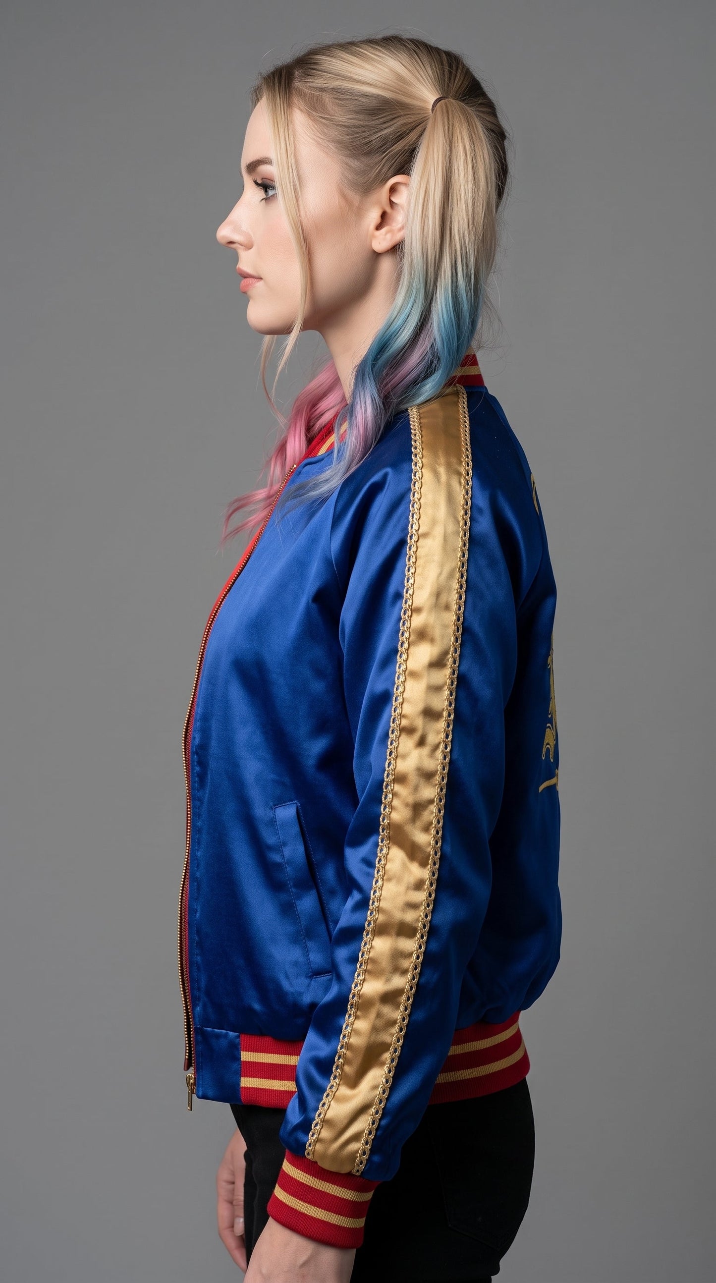 Harley Quinn Inspired Satin Bomber Jacket | Property of Joker Cosplay Jacket | Red Black Halloween Costume
