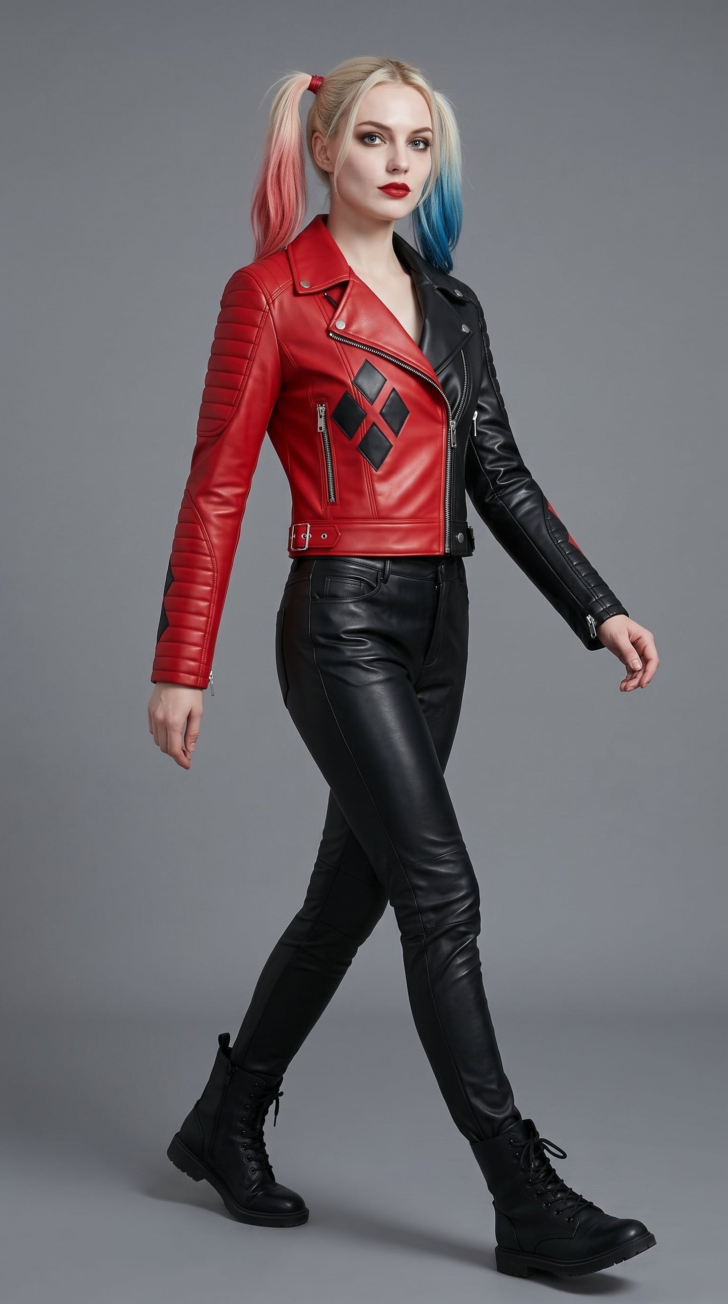 Women's Harley Quinn Inspired Leather Jacket | Red Black Cosplay Biker Jacket | Halloween Costume