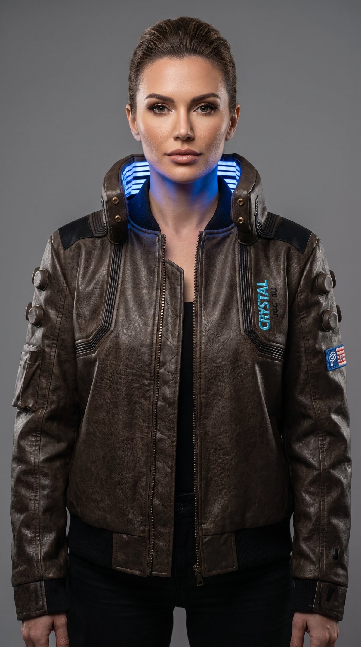 Samurai V Inspired Leather Bomber Jacket | LED Collar Cyberpunk Jacket | Men's Futuristic Techwear Cosplay