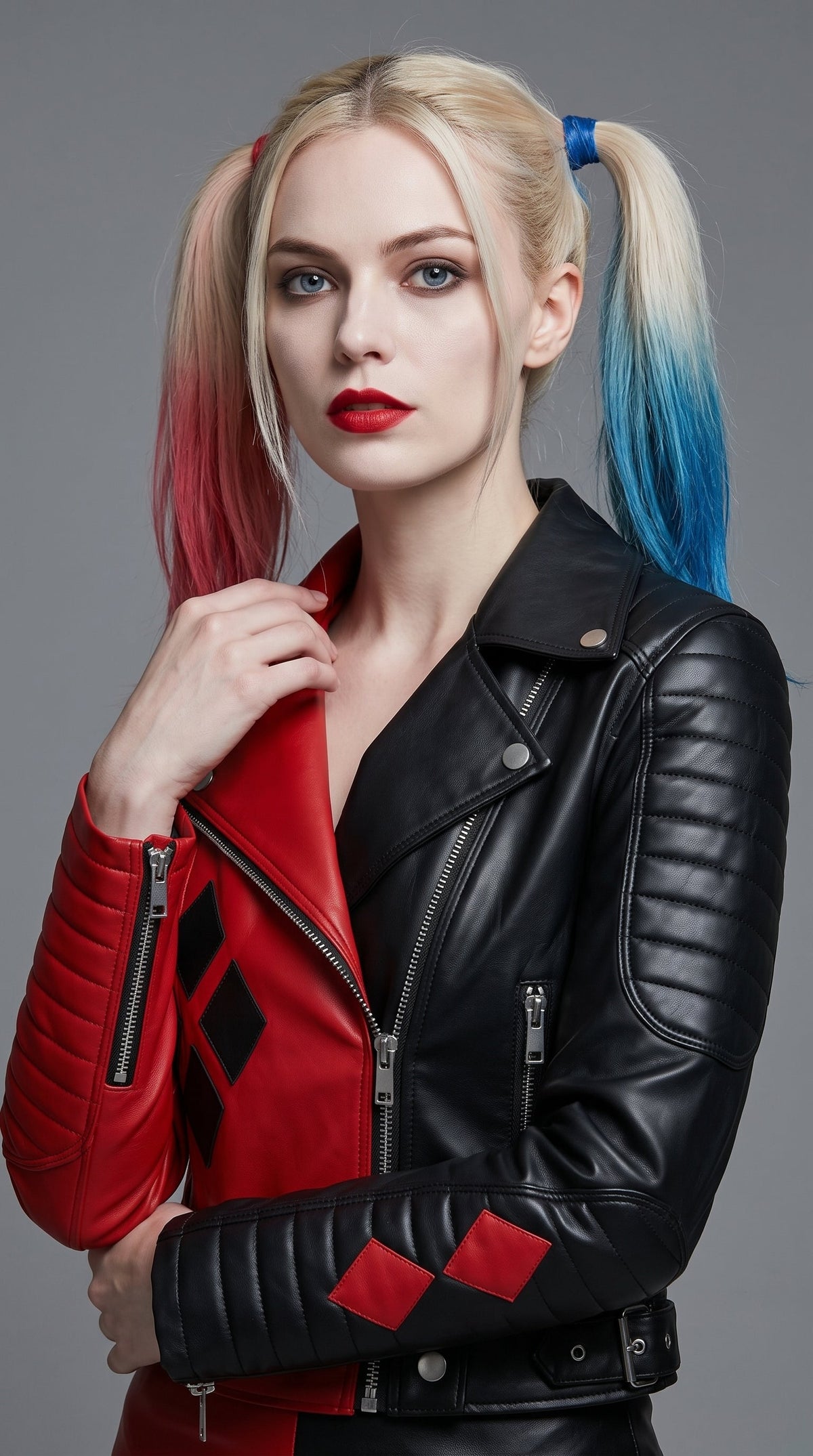 Women's Harley Quinn Inspired Leather Jacket | Red Black Cosplay Biker Jacket | Halloween Costume