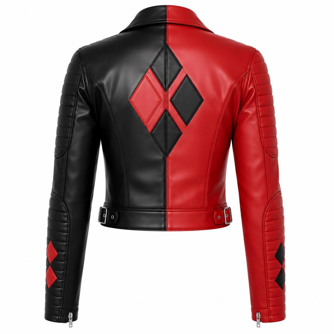 Women's Harley Quinn Inspired Leather Jacket | Red Black Cosplay Biker Jacket | Halloween Costume