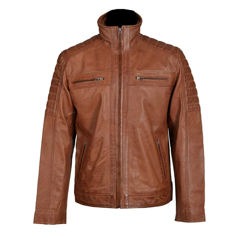 Jackora Men's Stand Collar Quilted Shoulder Moto Leather Jacket – Brown, 100% Genuine Leather, Café Racer Style