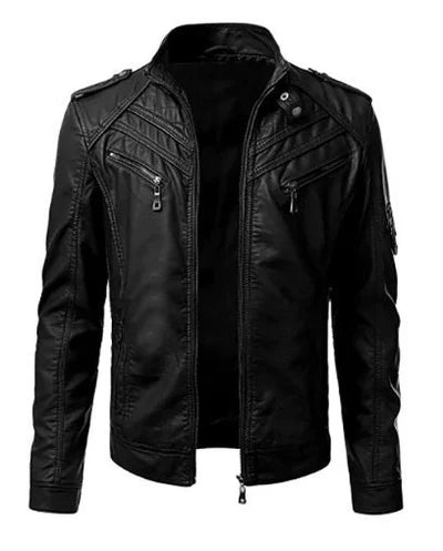 Jackora Men's Café Racer Leather Jacket Black – 100% Genuine Cowhide, Snap Button Collar, Vintage Moto